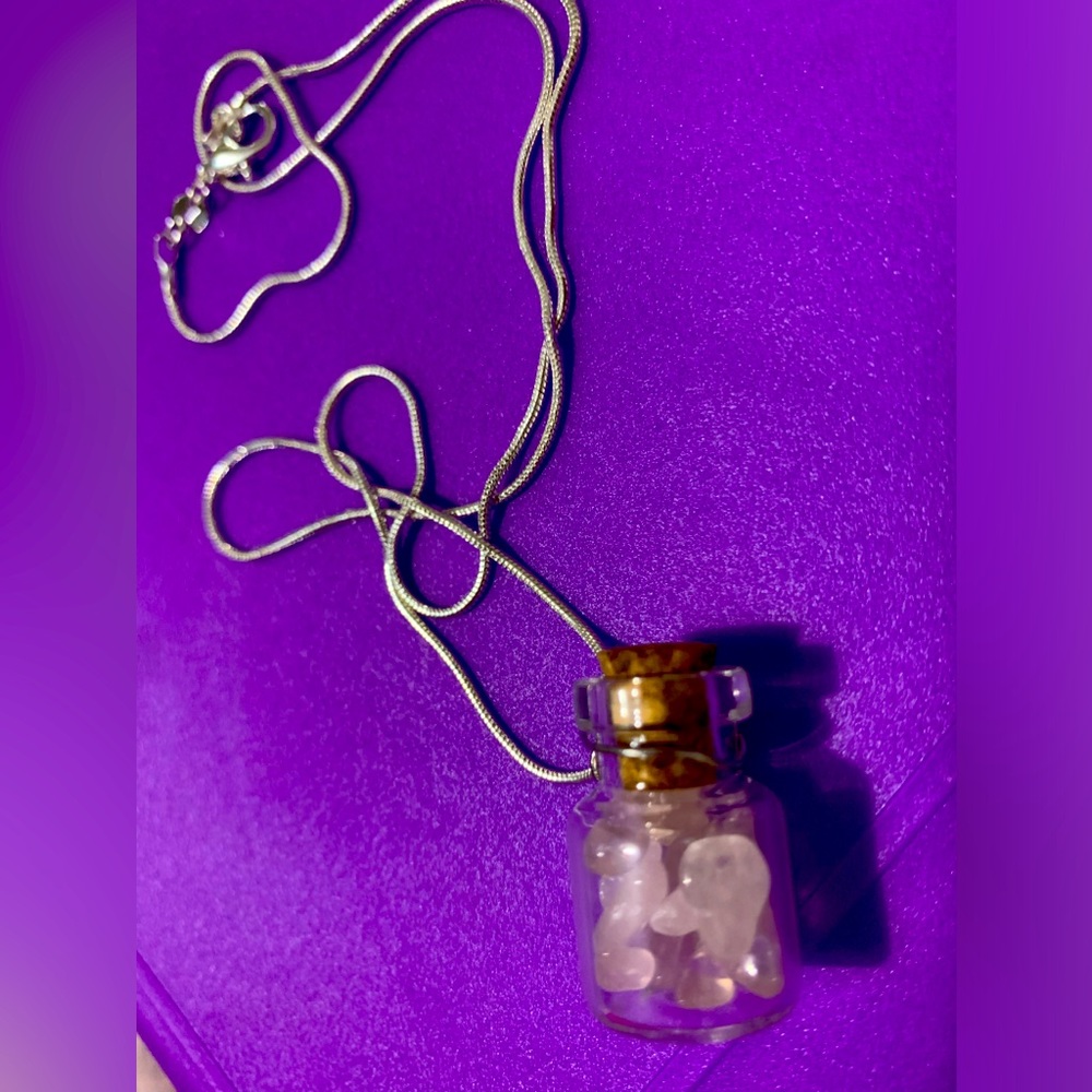 GENUINE ROSEQUARTZ IN A BOTTLE PENDANT ON AN 18” .925 STERLING SILVER NECKLACE